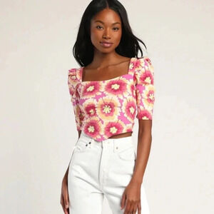 Free People Give Me More Pink Multi Floral Half Sleeve Crop Top